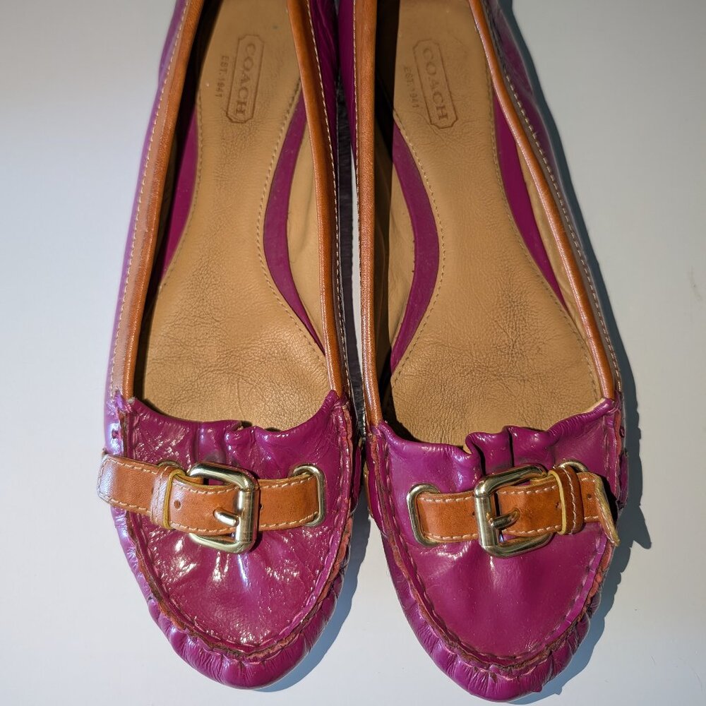 Coach Magenta Leather Moccasin Flats with Tan Trim & Gold Buckle